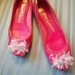 JUICY COUTURE flats 7.5 pink w/ plastic glitter toe embellishments. Gently worn.